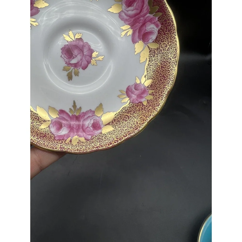 Vintage TUSCAN Pink & Gold Cabbage Roses Hand Painted Teacup Saucer Plate Set